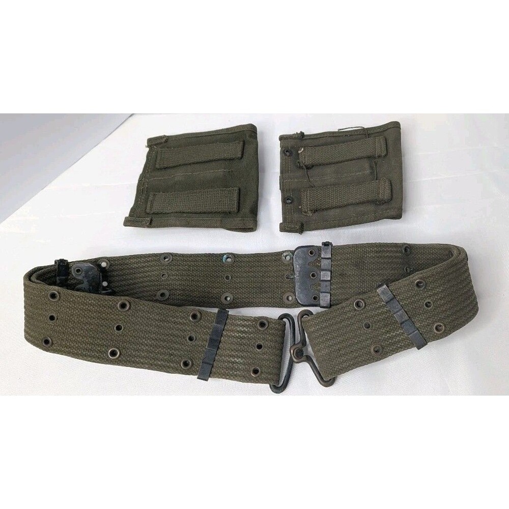 Vintage US Military M1956 Web Belt w/ 2 Ammo Pouches 1957 Dated OD Green Canvas